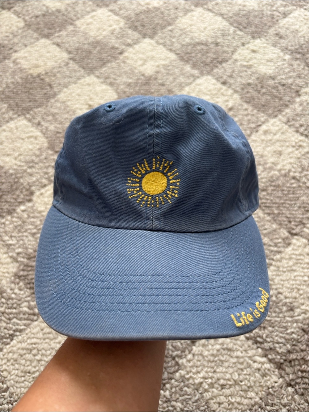 LIFE IS GOOD BLUE STRAPBACK YELLOW SUN HAT